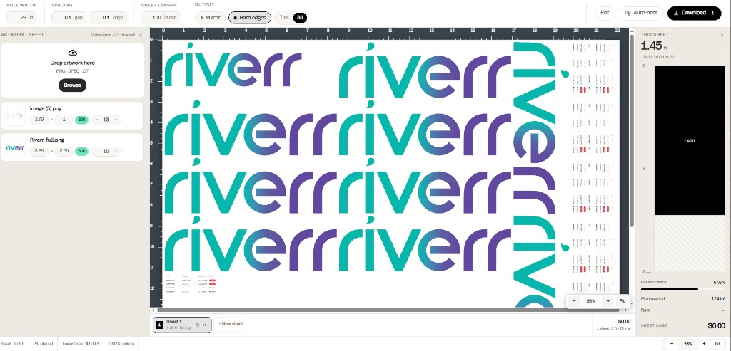 Riverr production workflow — batch and gang sheet view